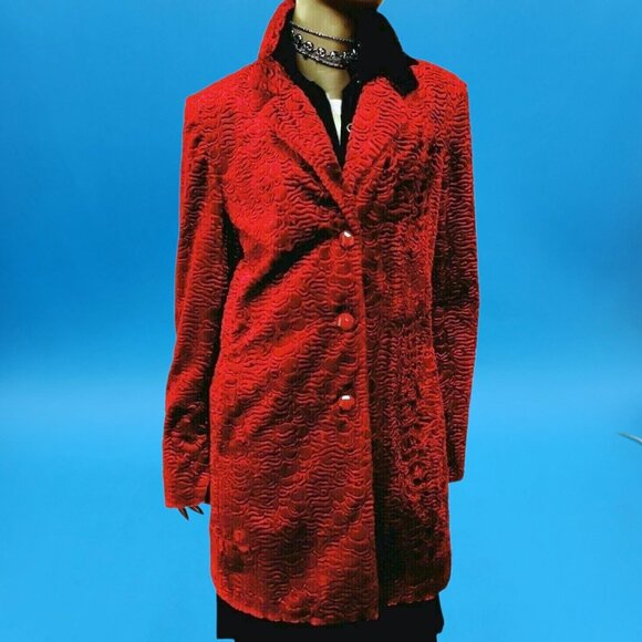 Vintage Red Velvet Textured Coat Jacket Mercedes New York Sz 14 USA Made Y2K - Picture 5 of 10